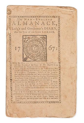 (EARLY AMERICAN IMPRINT.) West, Benjamin. The New-England Almanack, or Ladys and Gentlemans Diary, for . . . 1767.